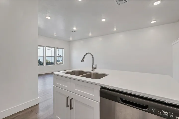 Kitchen island featuring a dual basin stainless steel sink with a gooseneck faucet, white cabinetry, and a built-in dishwasher