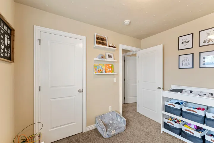 Neutral-toned room featuring a white two-panel door, light beige walls, and carpet flooring