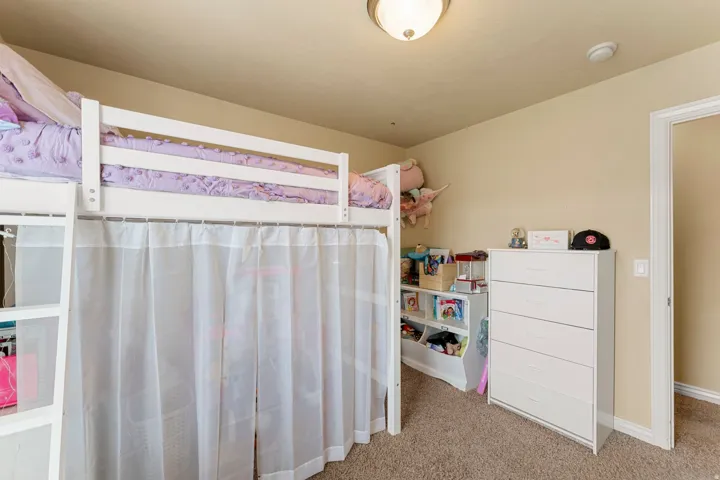 Carpeted bedroom featuring a built-in loft bed with integrated ladder, a white chest of drawers, and a ceiling-mounted light fixture