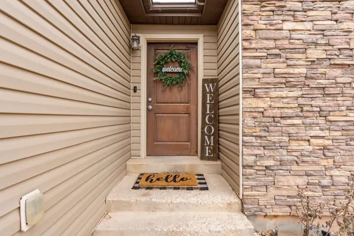Entryway featuring a wood-panel door, concrete steps, and an overhead light fixture