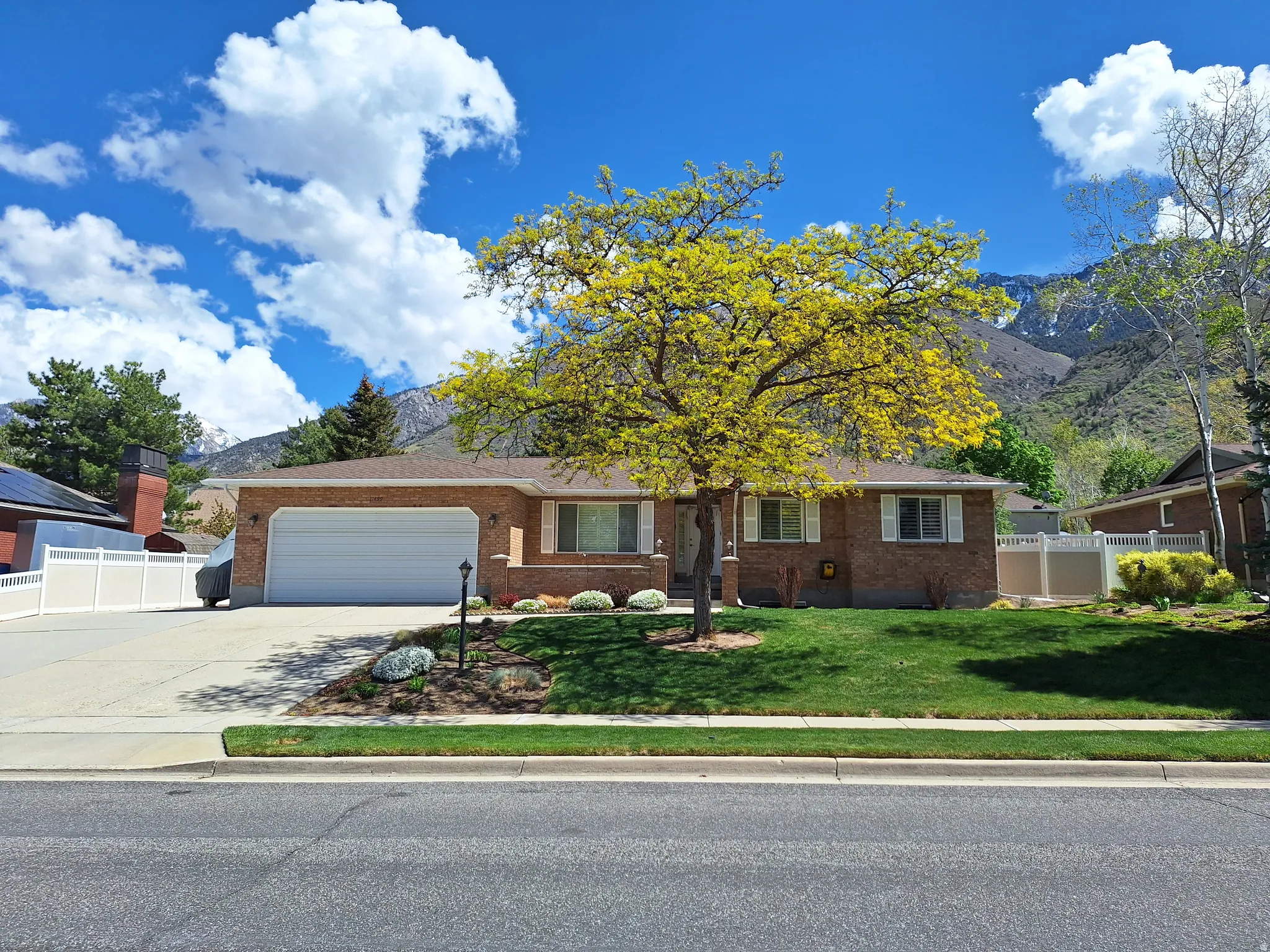 Brick exterior residence featuring a white garage door, manicured lawn, established tree, and a concrete driveway