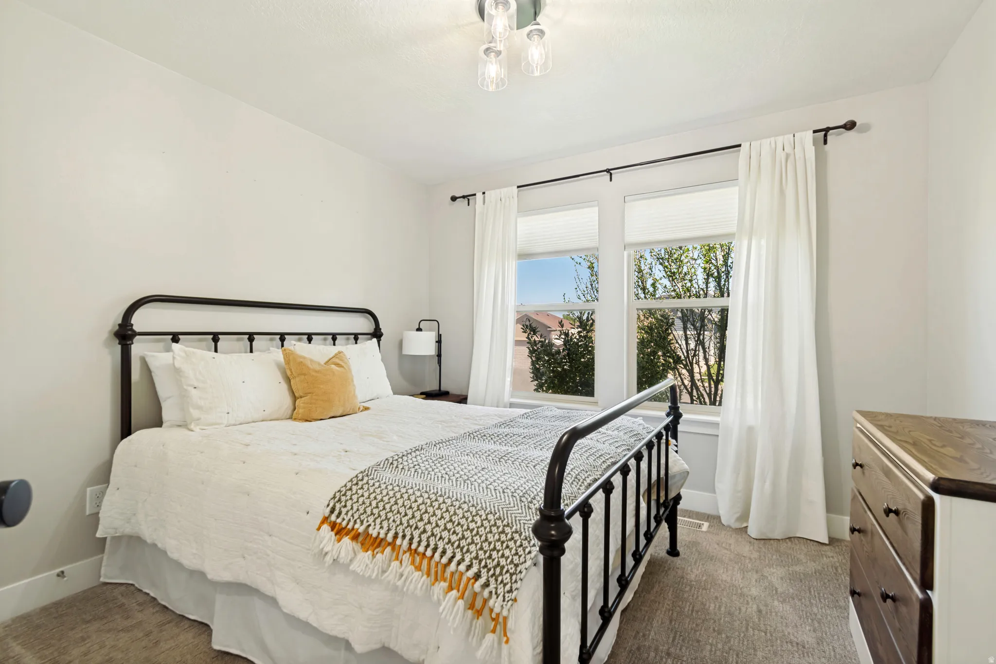 Bedroom featuring double windows with blinds, carpet flooring, and a ceiling-mounted light fixture.