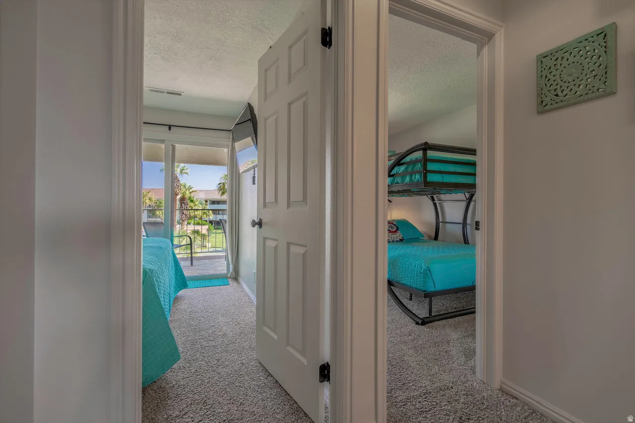 Entryway featuring gray textured carpeting and white interior doors