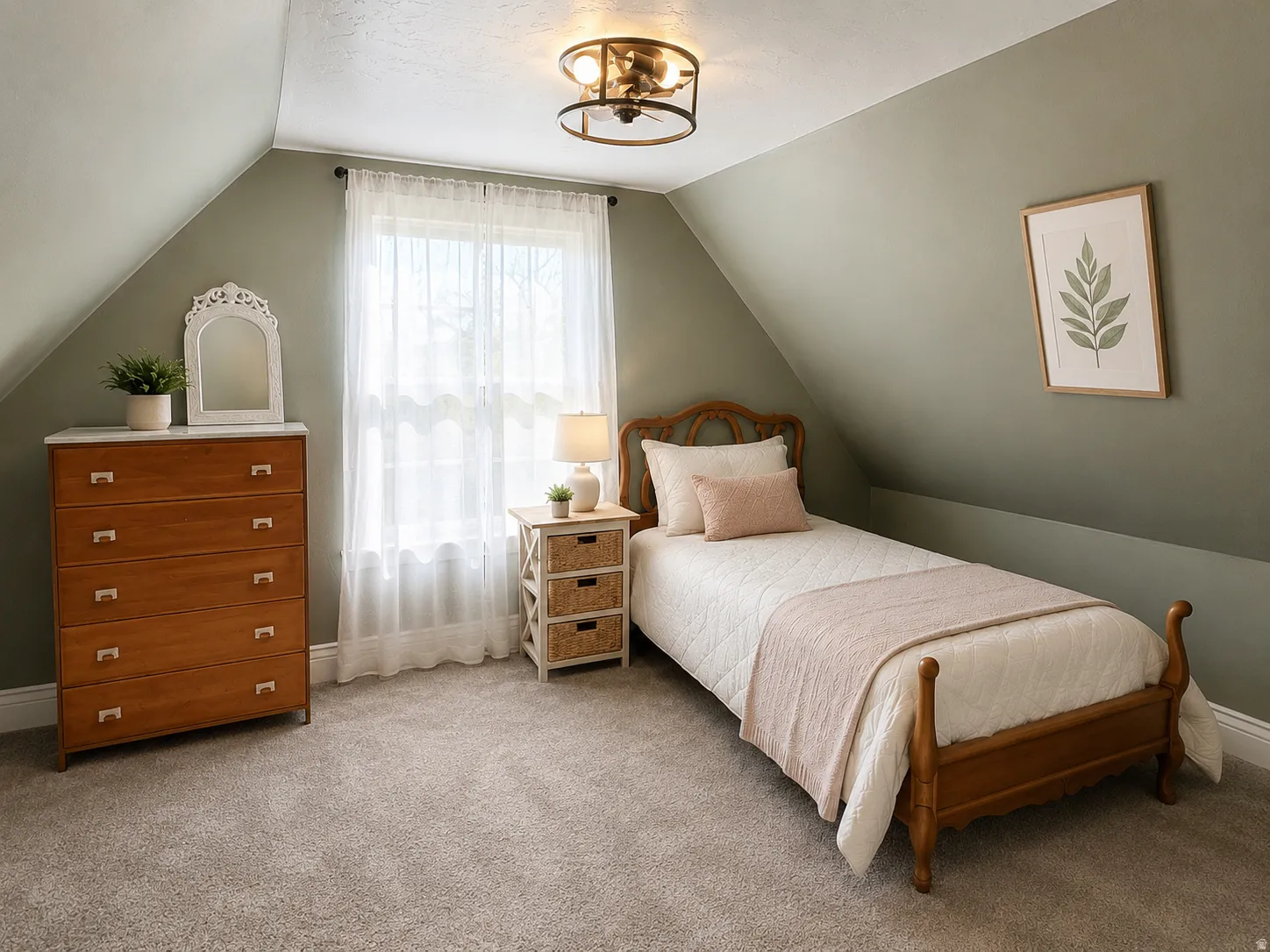 Room featuring sloped ceilings, a window with sheer curtains, recessed wall sections, and a ceiling-mounted light fixture with a metal frame