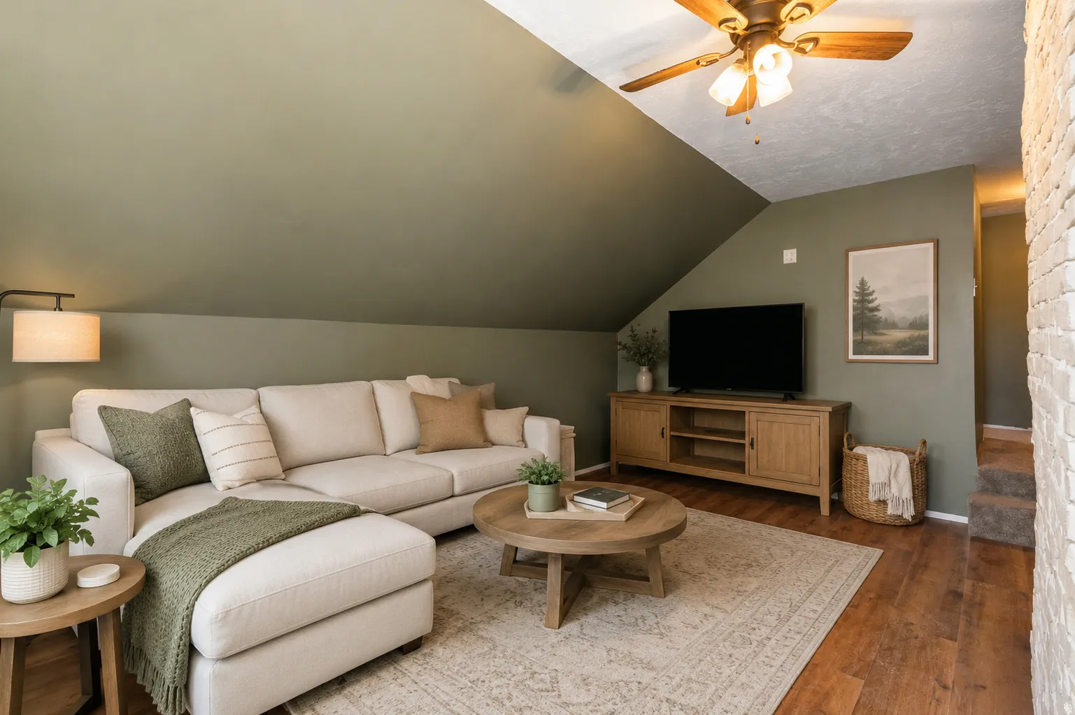 Sloped ceiling room featuring wood-finish flooring, a ceiling fan, and a painted brick wall