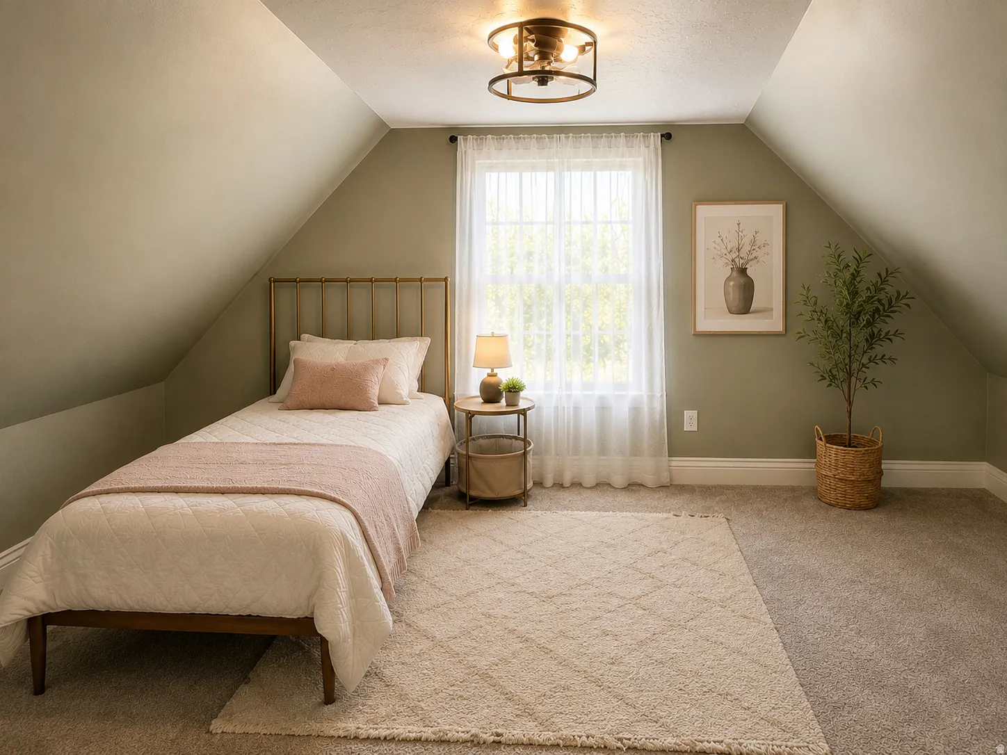Carpeted room with sloped ceilings and a window featuring sheer white curtains