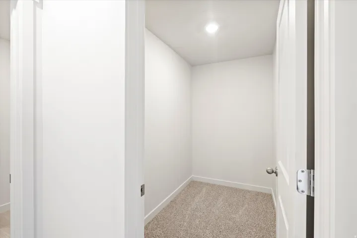 Recessed ceiling lighting illuminates a carpeted interior space with a door featuring a brushed nickel knob