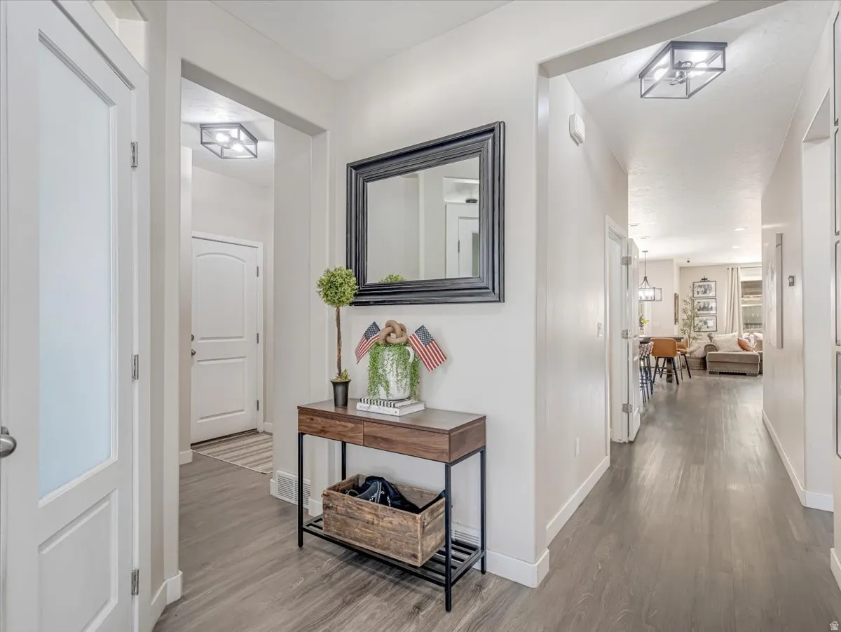 Bright entryway featuring wood-finish flooring, white baseboards, and a contemporary flush-mount ceiling light
