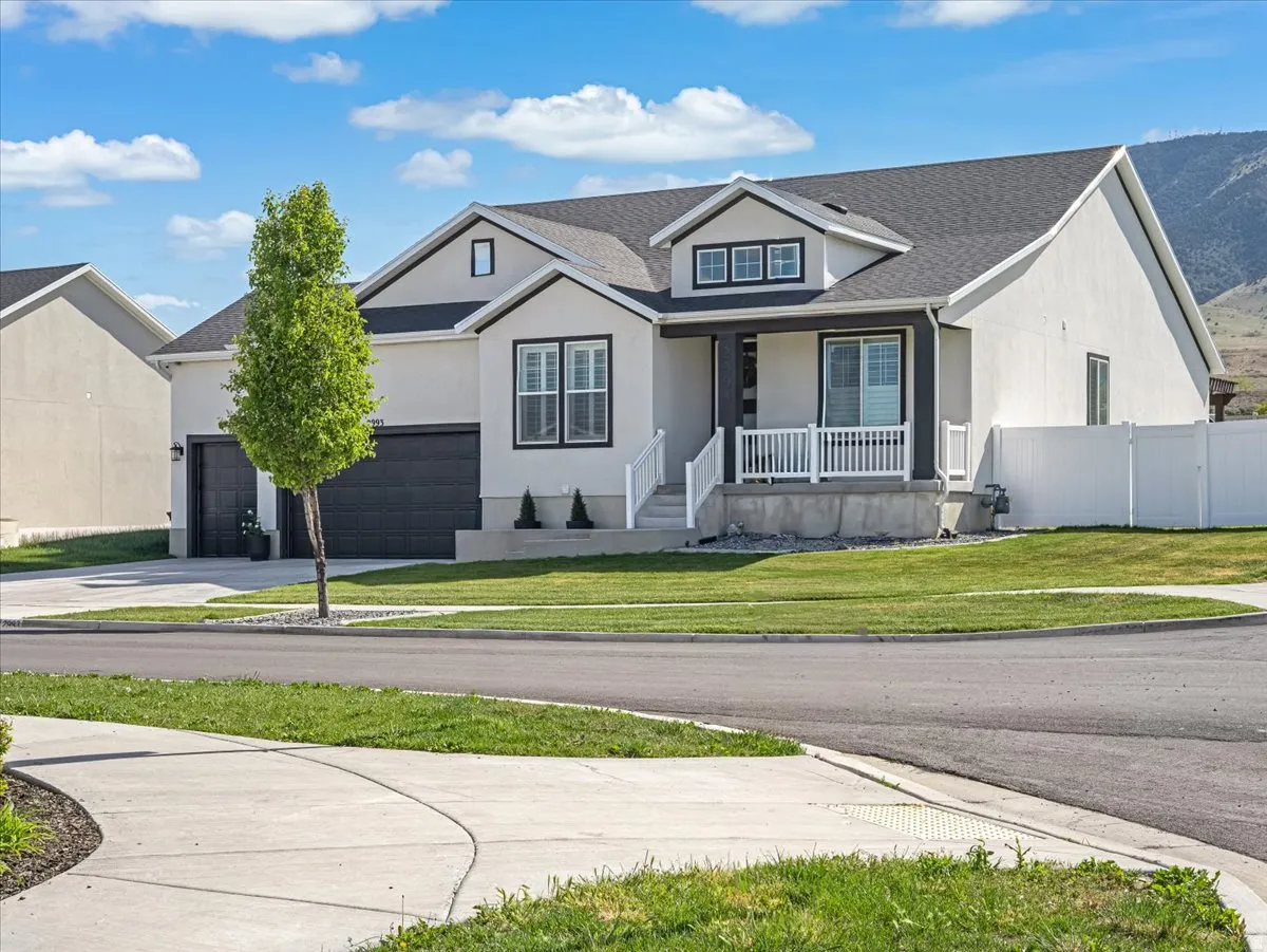 Contemporary stucco exterior with a dark shingle roof, featuring a covered front porch with white railing, integrated two-car garage, and a green lawn with a young tree