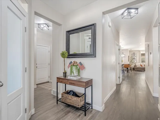 Bright entryway featuring wood-finish flooring, white baseboards, and a contemporary flush-mount ceiling light