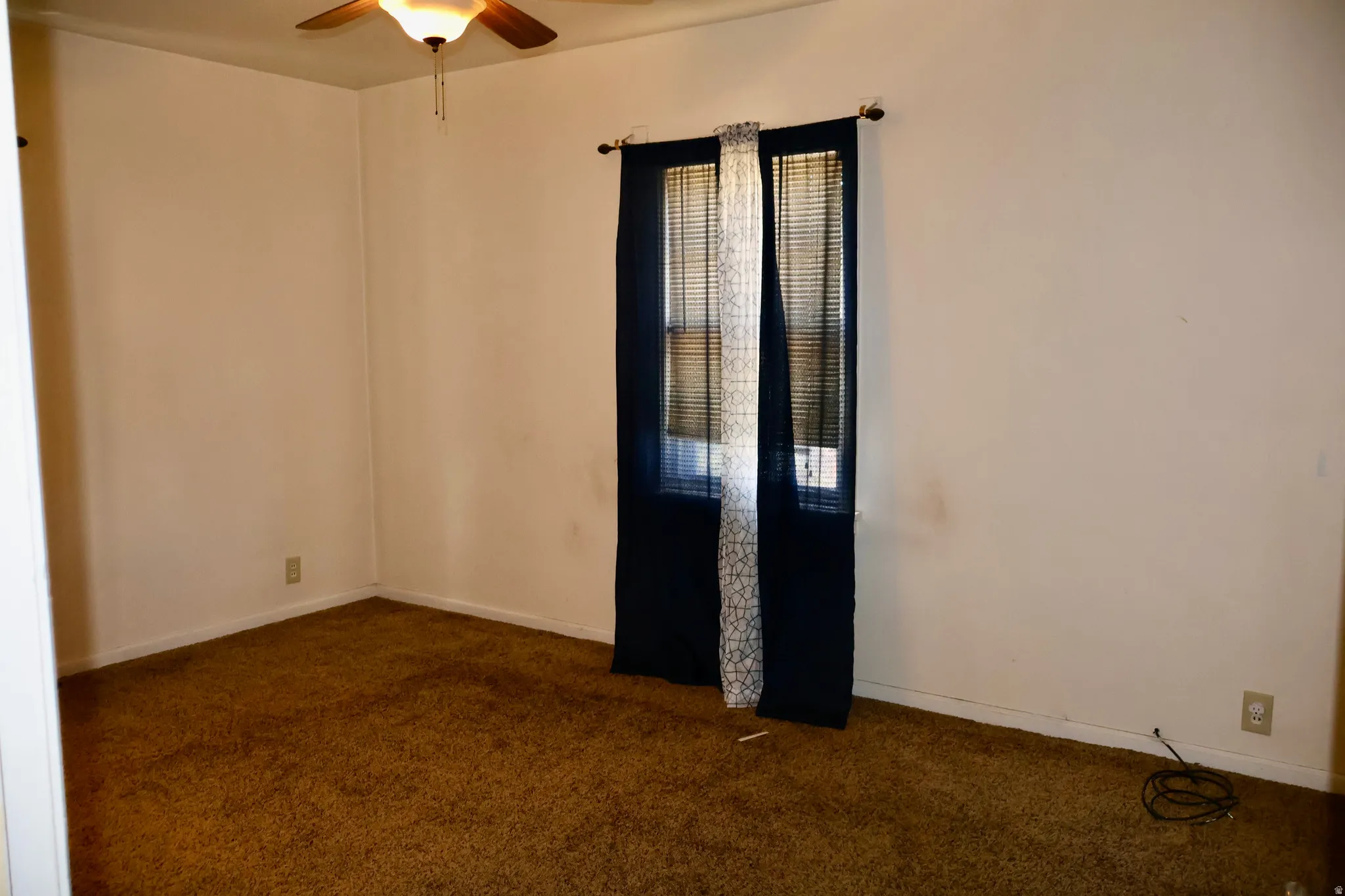 Carpeted room featuring a ceiling fan with light fixture and a window with blinds