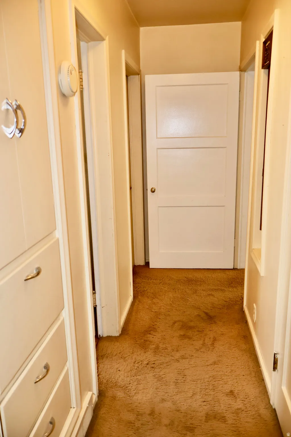 Hallway featuring carpet flooring, built-in cabinetry with silver-tone hardware, and three-panel doors