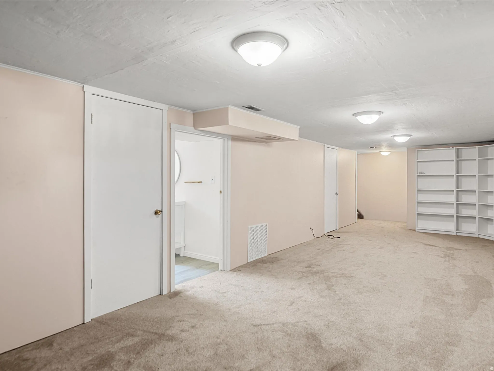 Spacious room featuring neutral carpeting, multiple doors, and built-in shelving