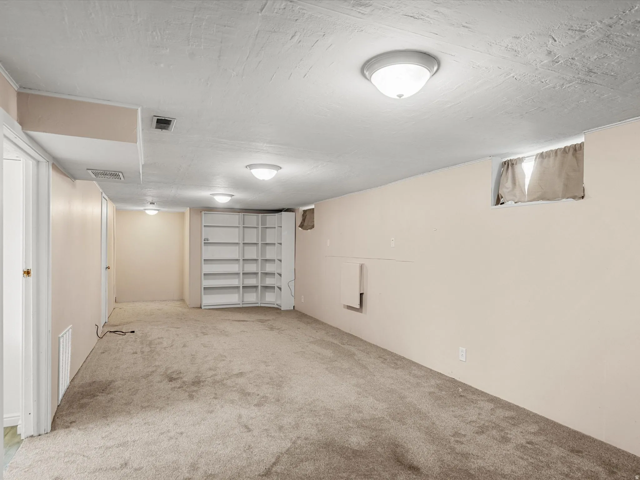 Spacious carpeted room featuring multiple ceiling-mounted dome lights, a built-in white shelving unit, and painted walls