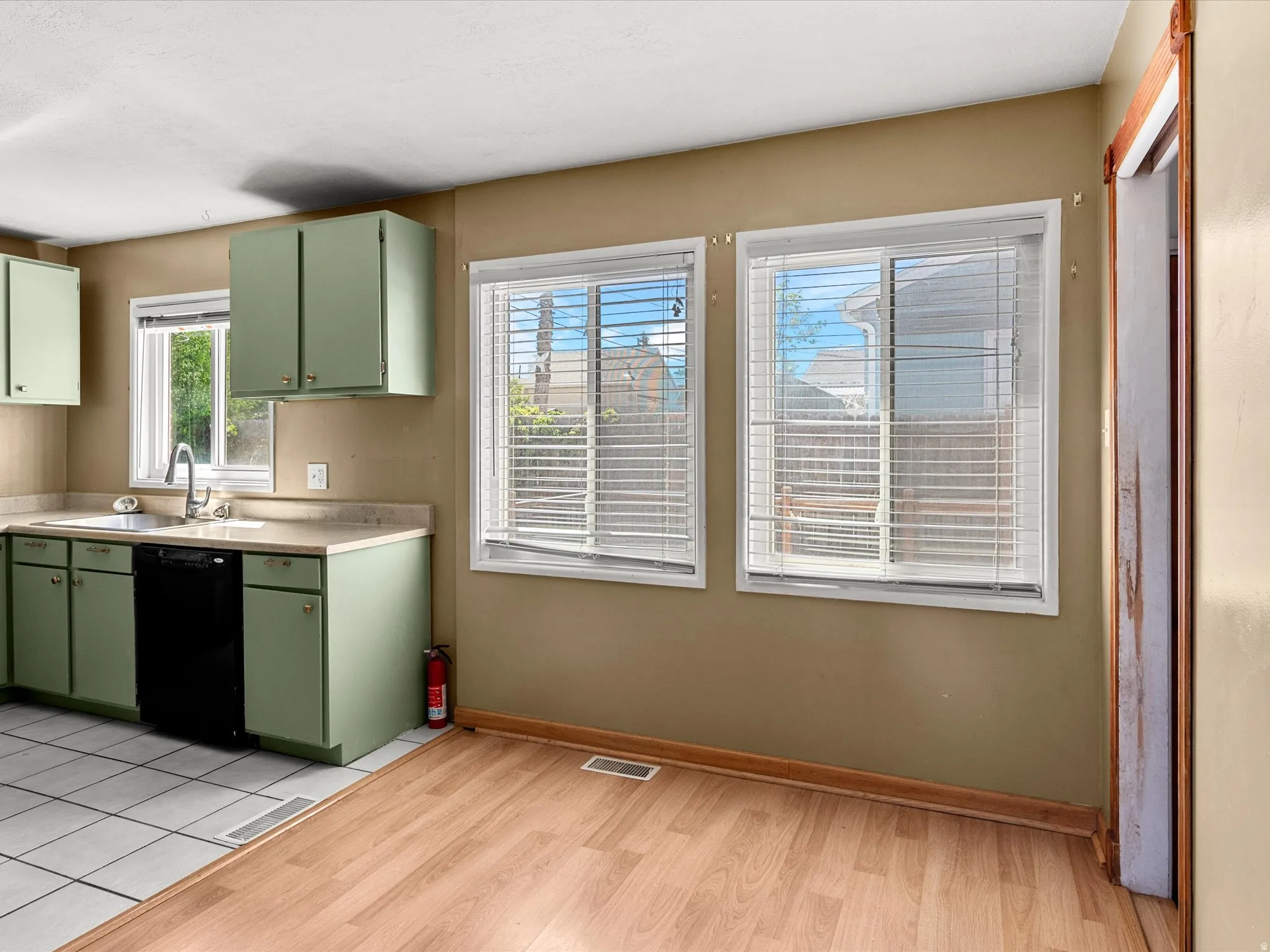 Kitchen area featuring green cabinetry with silver hardware, an undermount sink with a gooseneck faucet, and a black dishwasher