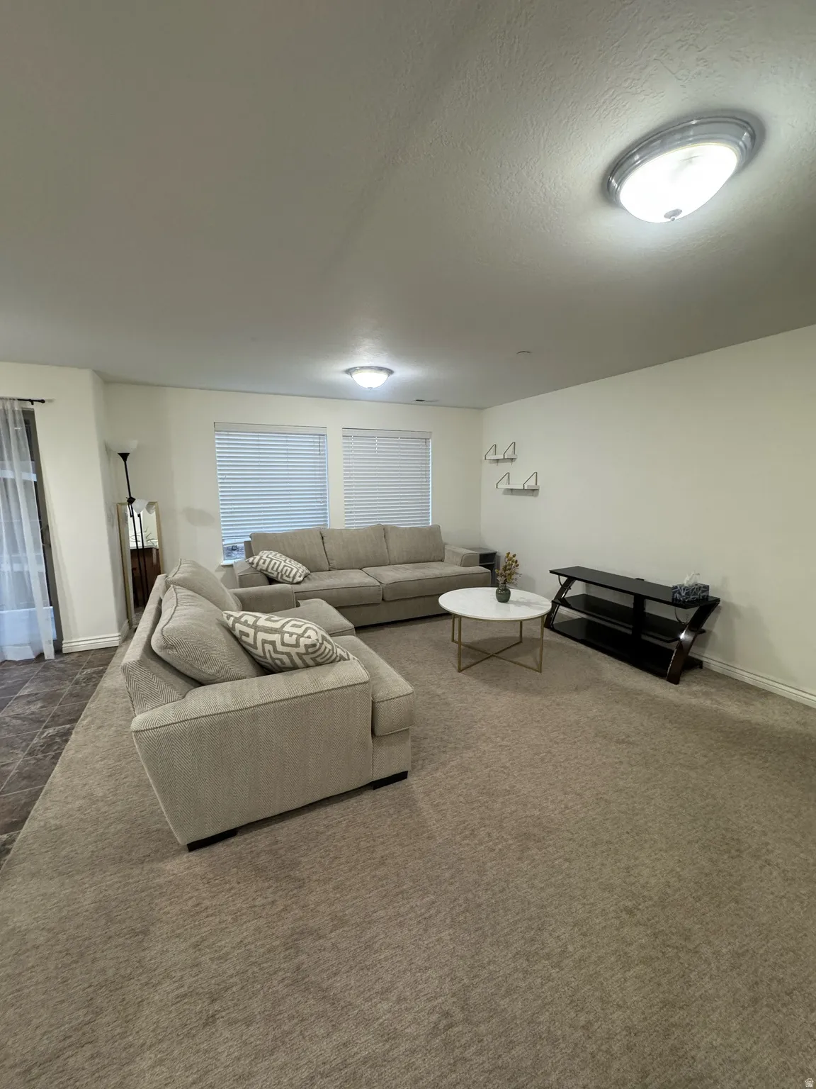 Spacious living area featuring neutral-toned carpeting, white walls, and multiple flush-mount ceiling lights