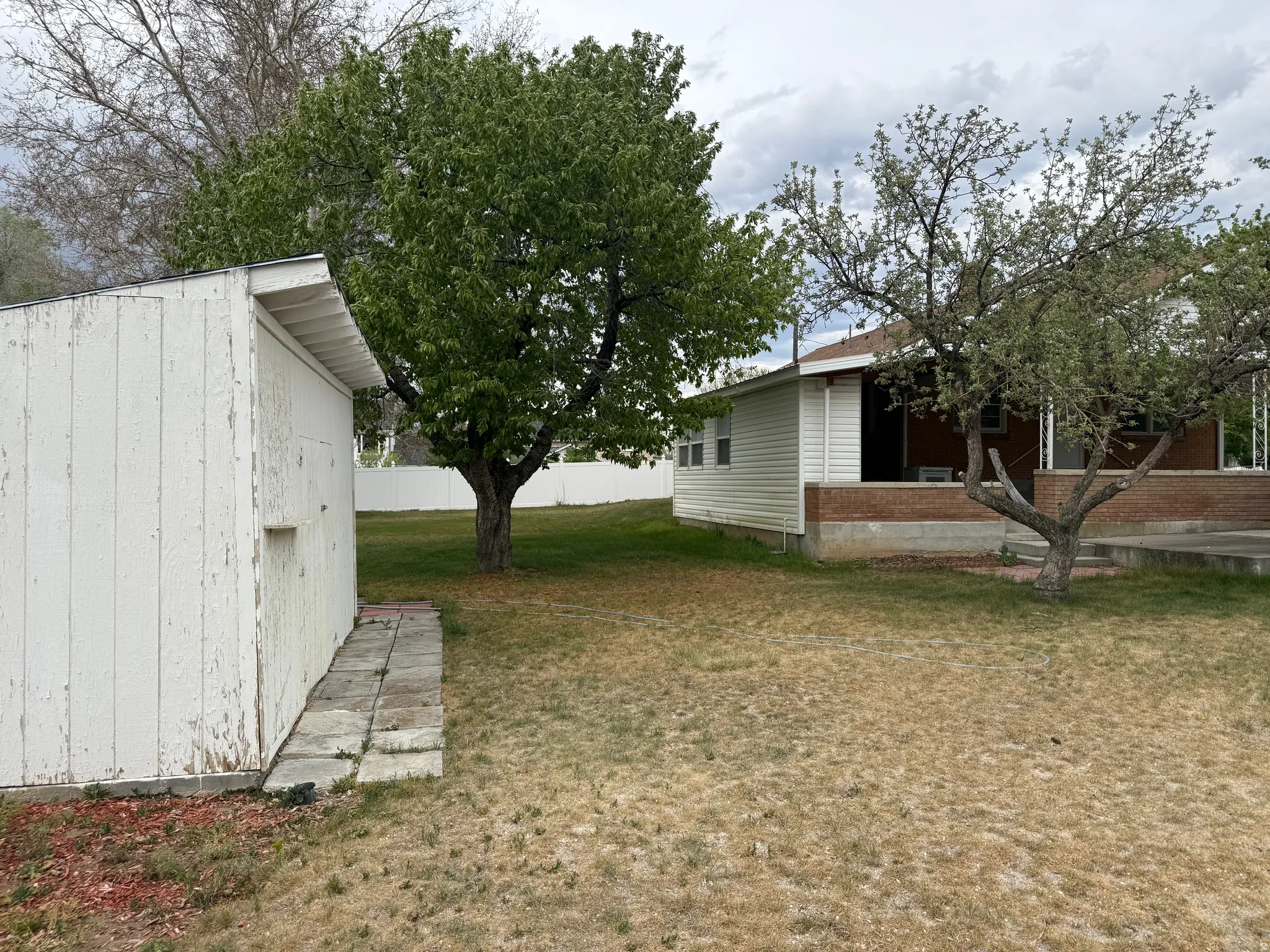 Expansive lawn area featuring a white vinyl fence, mature trees, a detached storage shed with a shingled roof, and a concrete paver path