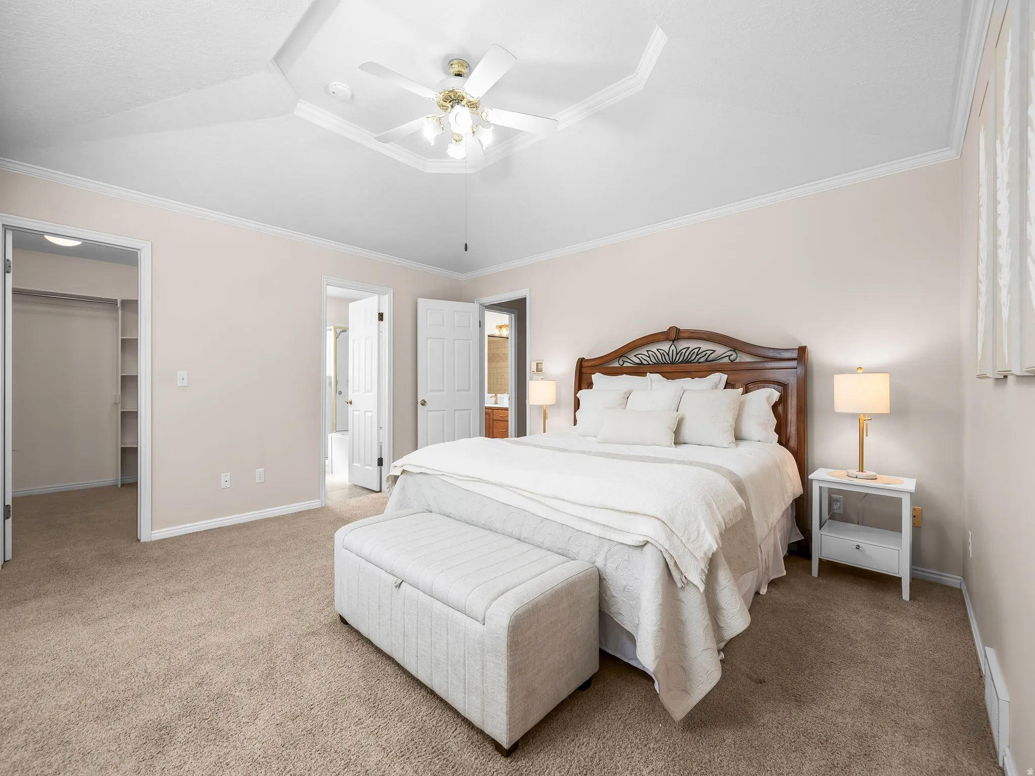 Carpeted room featuring a tray ceiling with crown molding and a ceiling fan, a walk-in closet with built-in shelving, and a doorway opening to a bathroom with a vanity