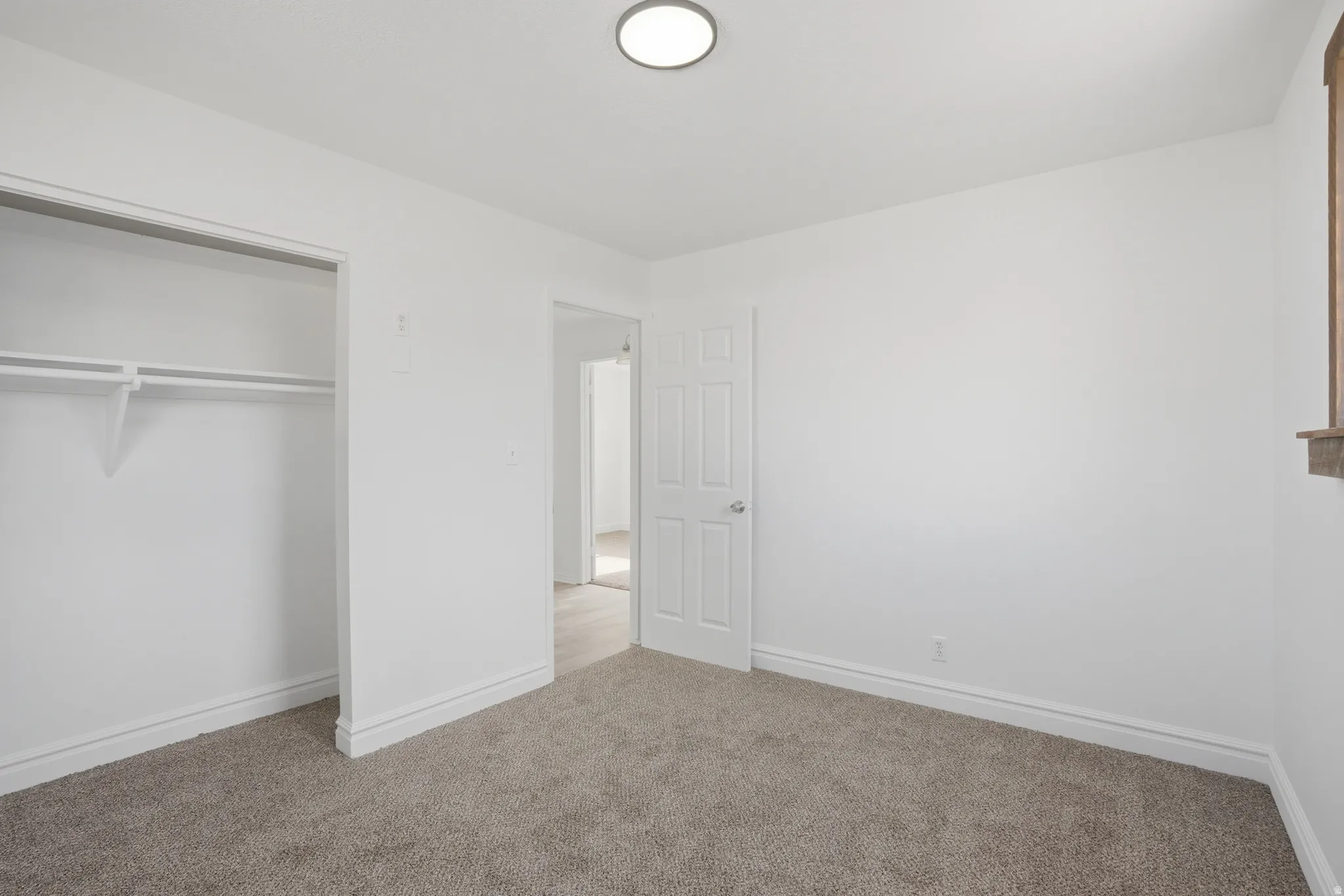 Carpeted room featuring a ceiling-mounted light fixture, white walls, and white trim