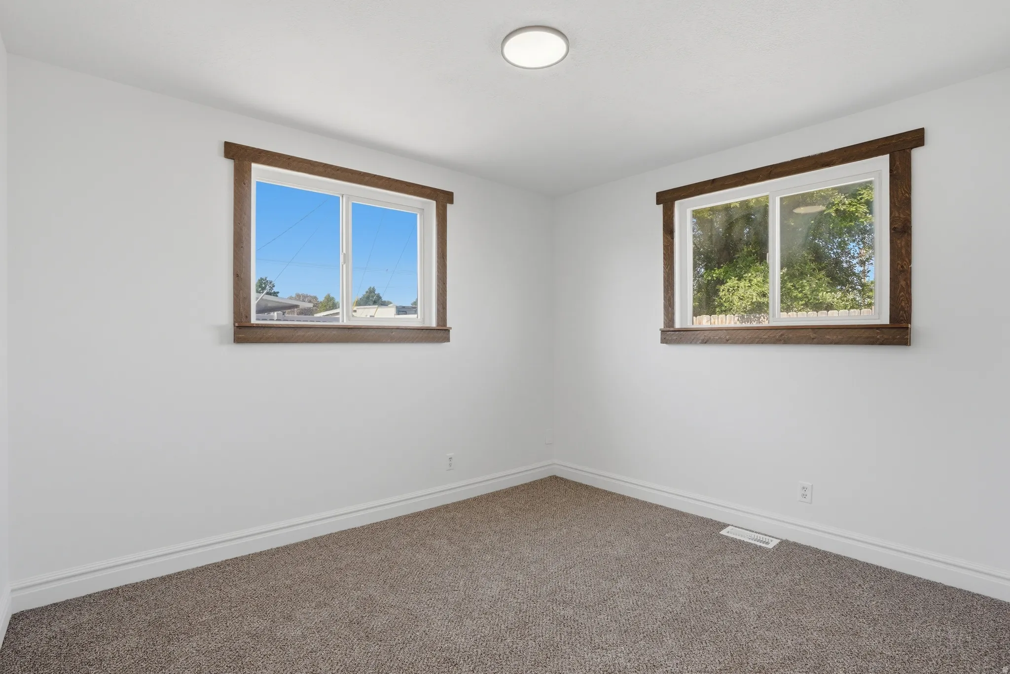 Neutral wall paint with contrasting wood-finish window trim, plush carpet flooring, two windows, and a flush-mount ceiling light fixture