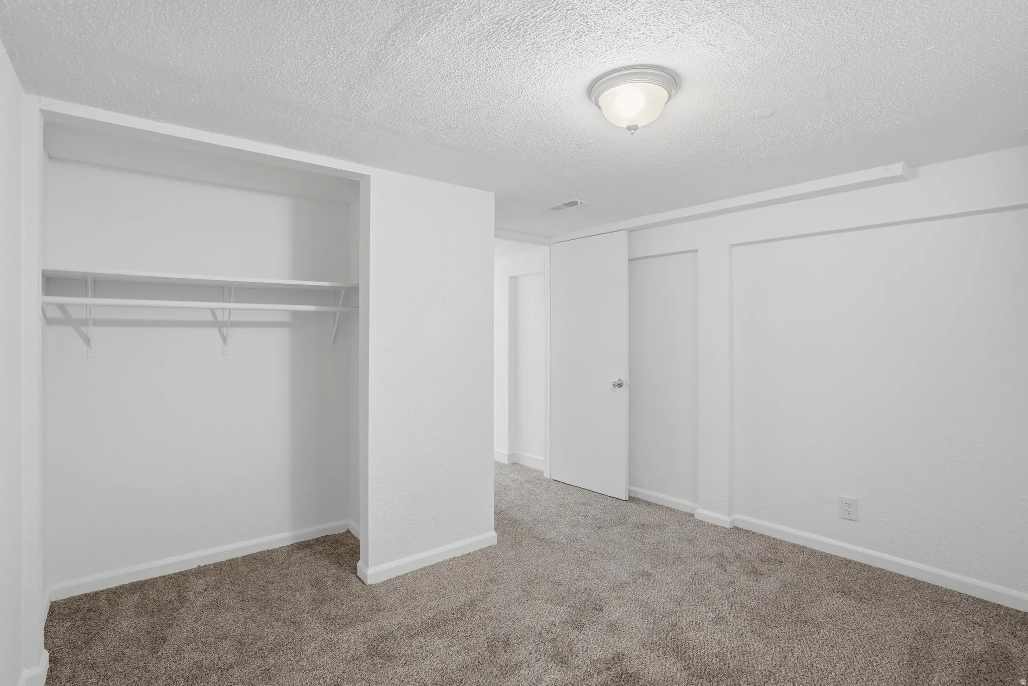 Room featuring plush gray carpet flooring, white painted walls, a built-in closet with shelving and hanging rods, a ceiling-mounted light fixture, and white trim