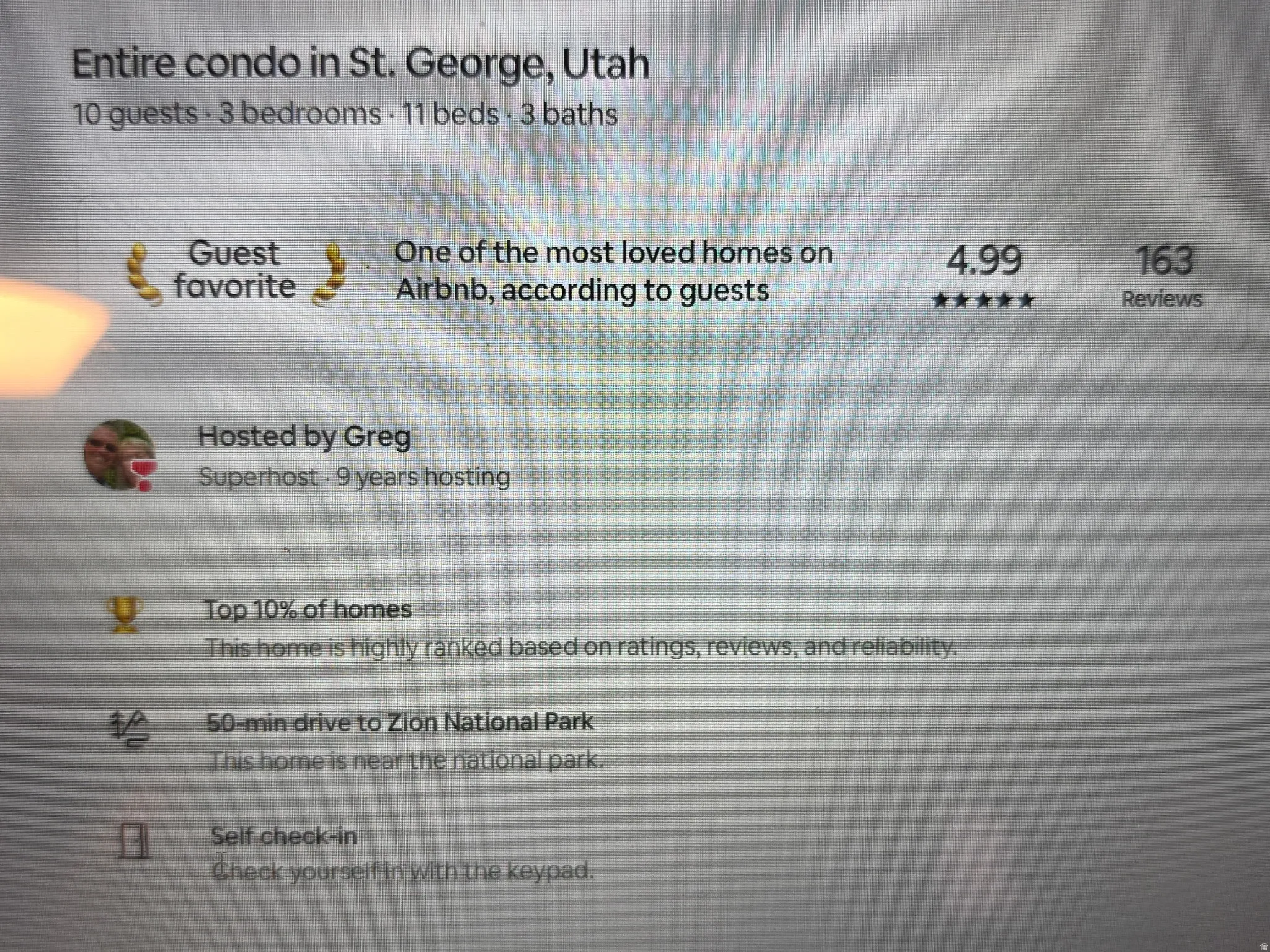 Property Listing Advertisement. Displaying property specifications, guest ratings, and amenities for the property