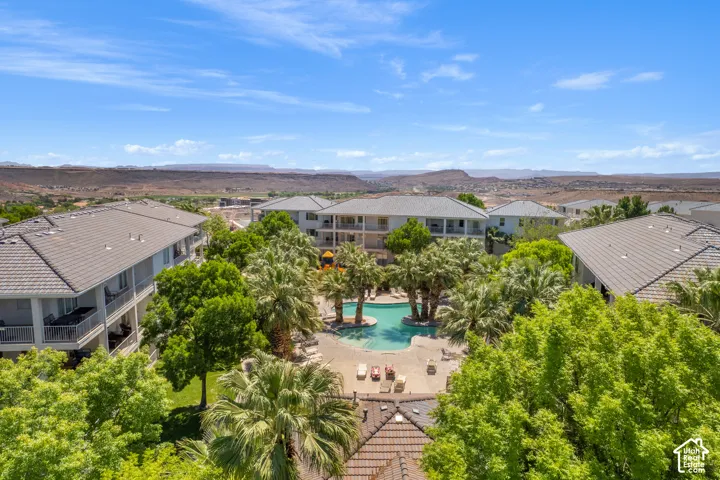 Resort-style pool area surrounded by lush palm trees and mature foliage, featuring multiple lounge chairs and an inviting water feature