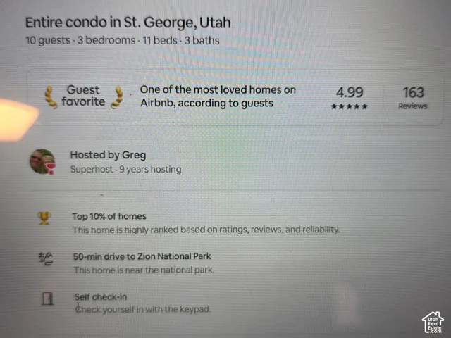 Property Listing Advertisement. Displaying property specifications, guest ratings, and amenities for the property