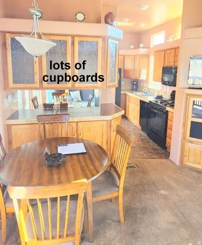 Kitchen featuring light wood cabinetry with frosted glass accents, dark laminate countertops, and black appliances