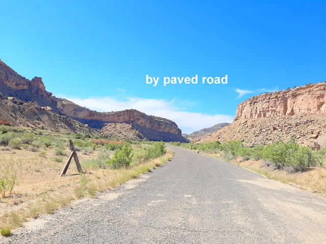 Paved road bordered by natural desert vegetation and towering rock formations