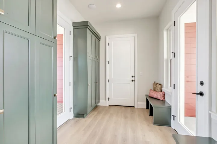 Light wood-finish flooring complements the interior wall color