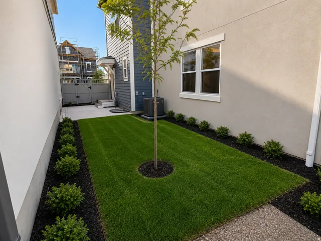 Manicured lawn area featuring a central sapling and bordered by decorative shrubs