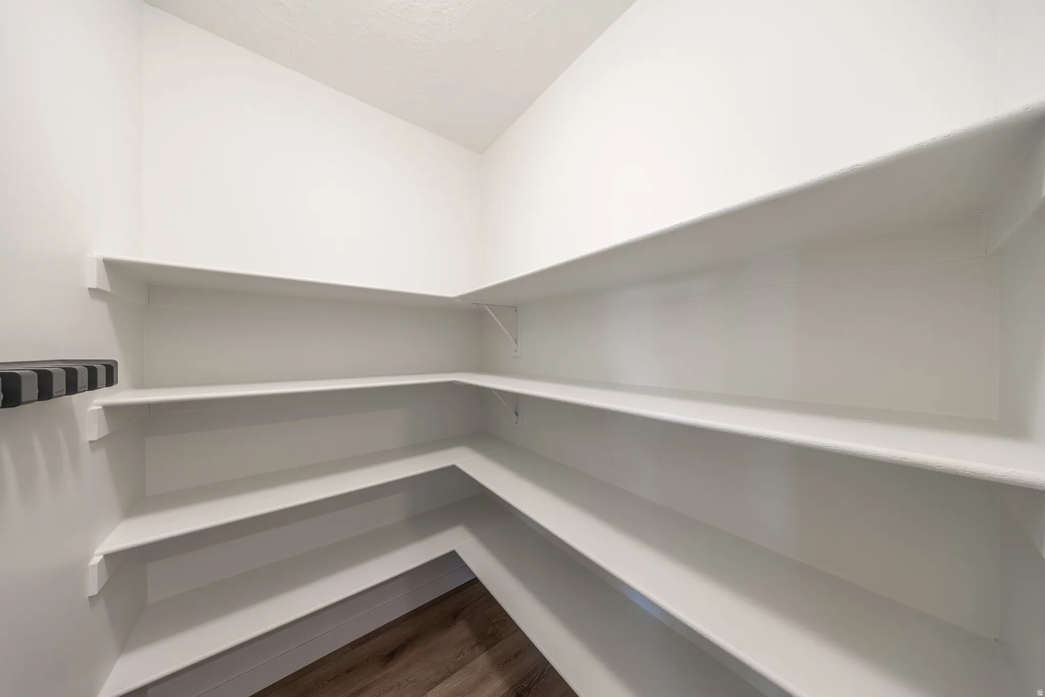 Walk in, large pantry with wraparound shelving with multiple storage tiers