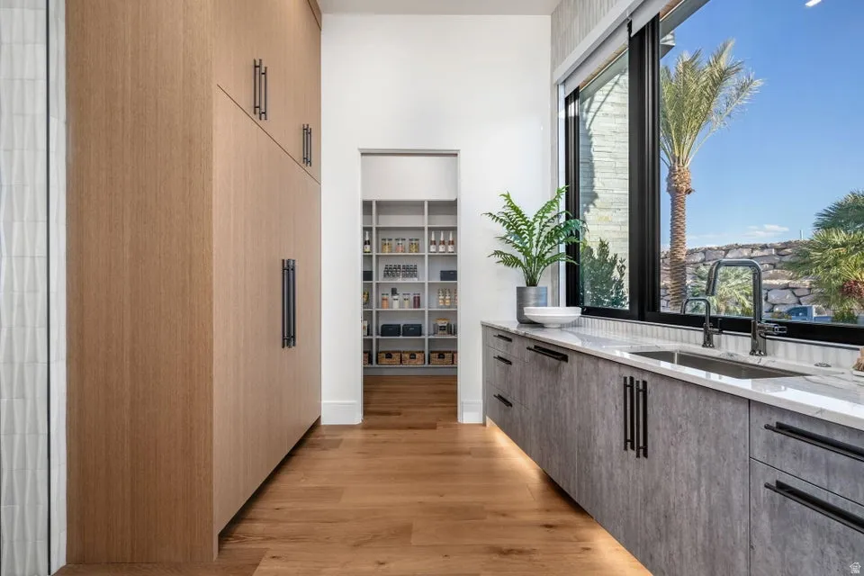 Modern kitchen featuring wood-finish flooring, full-height custom cabinetry, a built-in double sink, a large window, and a walk-in pantry with extensive shelving