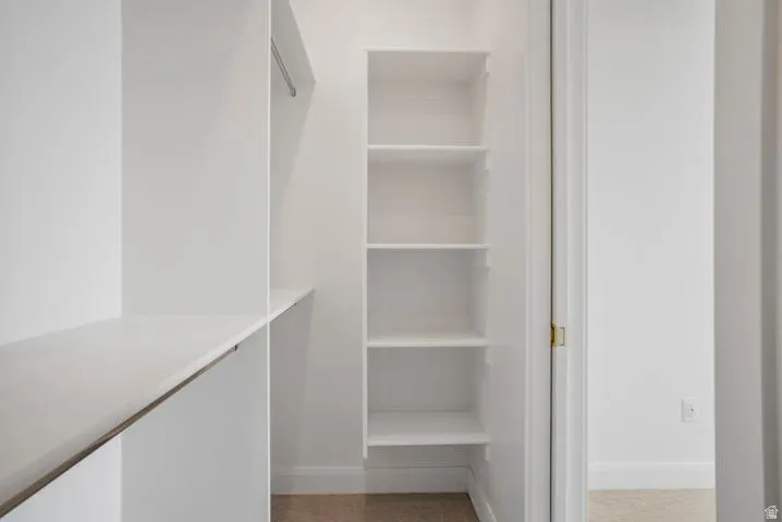 Built-in closet system featuring white shelving, hanging rod, and carpet flooring