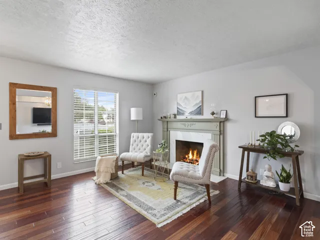 Living area featuring rich wood-finish flooring, a decorative fireplace with a light green mantel, and a large window