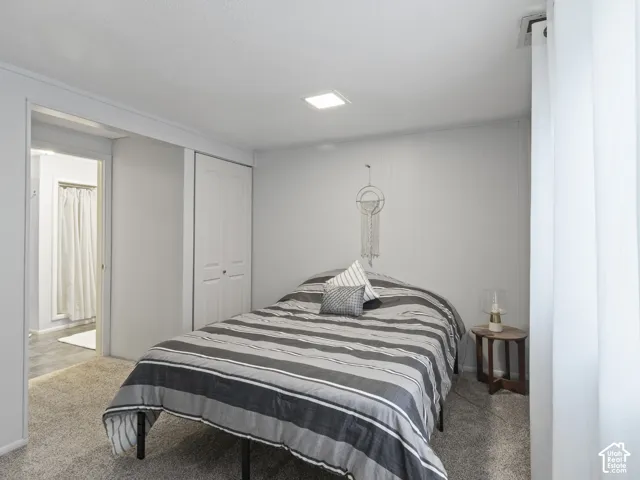 Studio bedroom with carpeted floors. Built-in closet featuring bi-fold doors