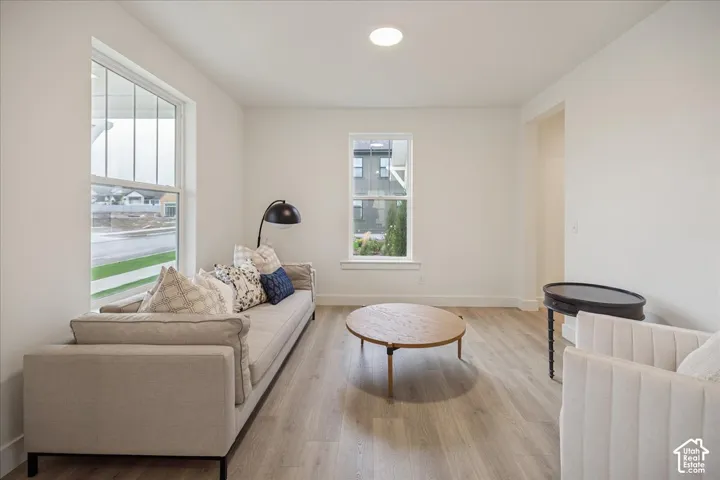 Neutral interior space featuring wood-finish flooring, dual windows, and a ceiling-mounted light fixture