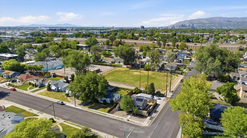 Aerial perspective showcasing a residential area with varied housing styles
