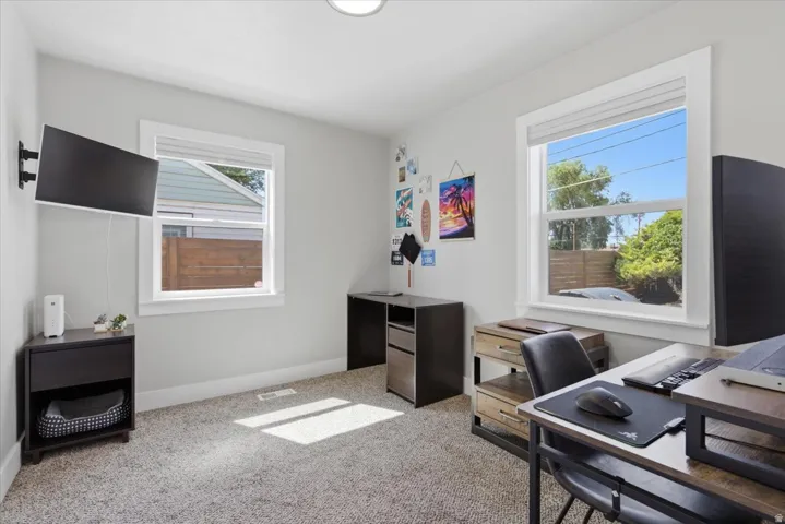 Bright room featuring two large windows with white trim, light gray painted walls, and textured carpet flooring