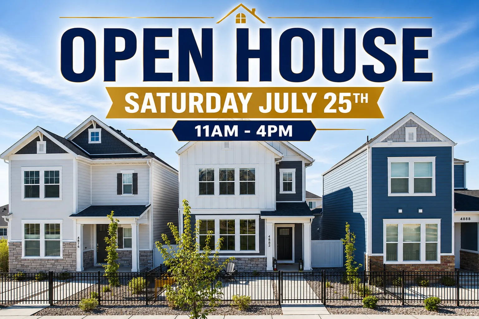 Real Estate Marketing Material. Announcing an open house for the property on July 25th from 11 AM to 4 PM