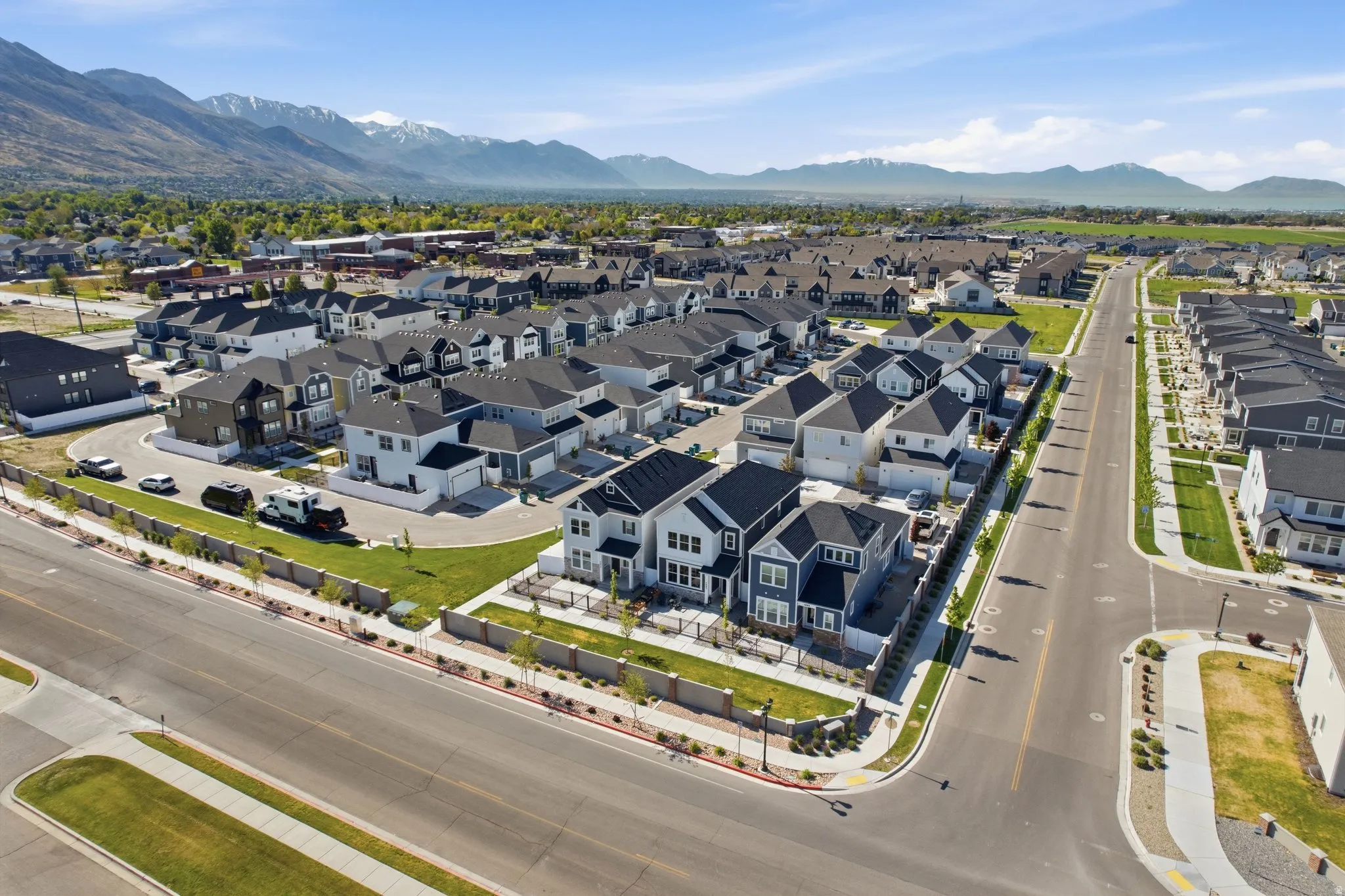 Aerial perspective showcasing a residential area with modern homes