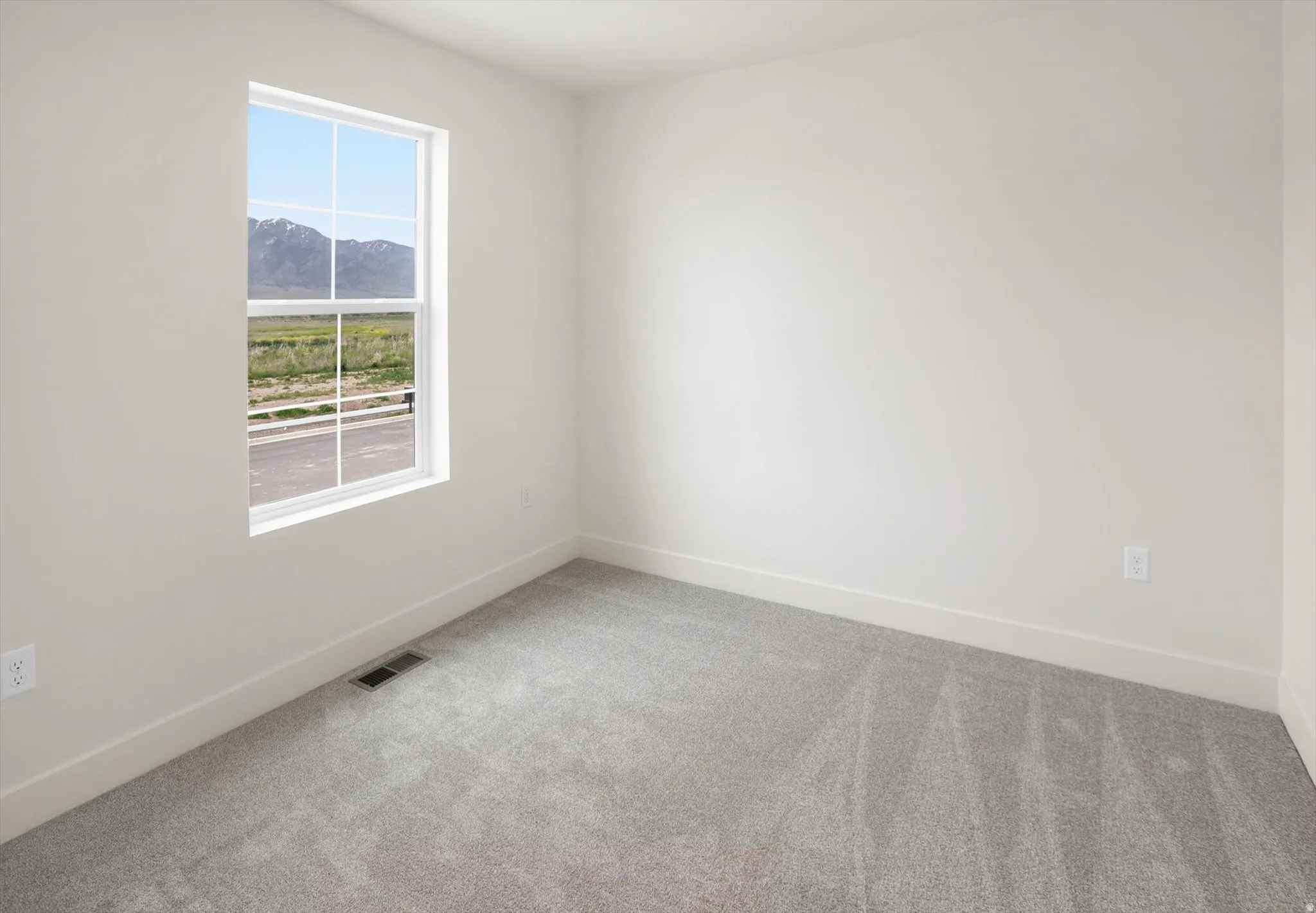 Bright interior room featuring a large window with white muntins, light gray carpeting, and neutral wall tones