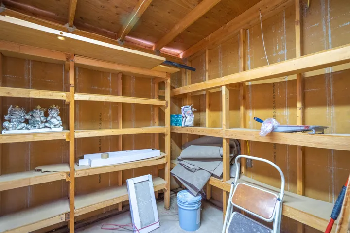 Storage area with exposed wood framing, multiple built-in shelving units, and a plywood ceiling