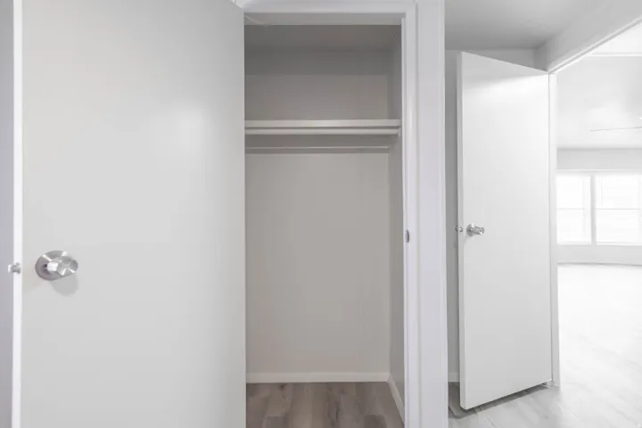 Interior closet featuring a clothes rod and wood-finish flooring