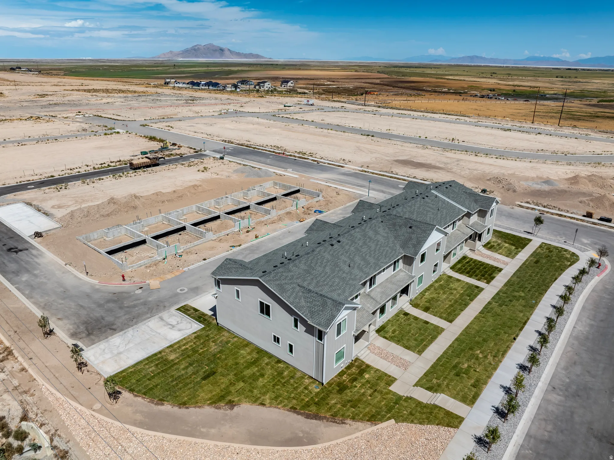 Newly constructed townhouse units featuring light-toned siding, gray shingle roofing, paved walkways, and established green lawns