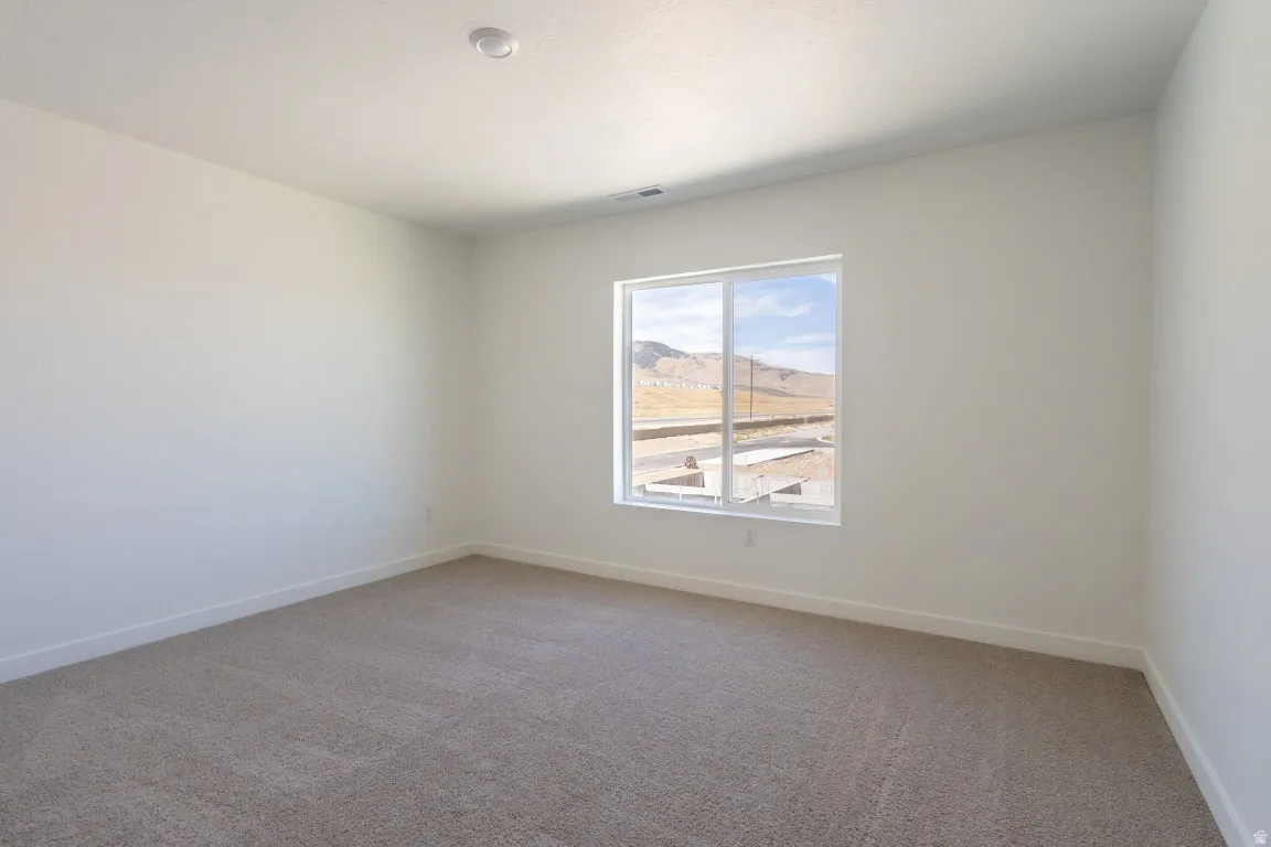 Expansive interior featuring carpet flooring, white painted walls, and a large window with a distant mountain backdrop
