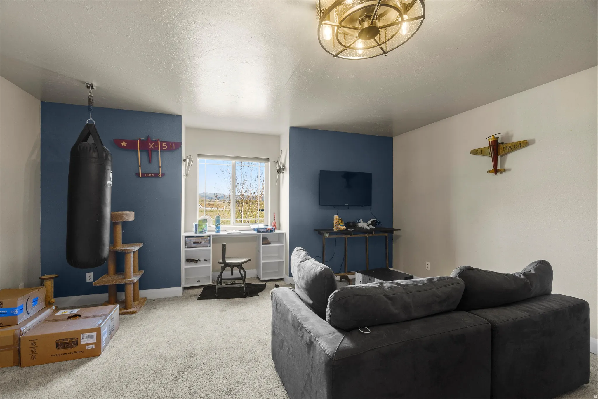 Carpeted room with a ceiling-mounted light fixture, a built-in desk unit with shelving, and a wall-mounted television