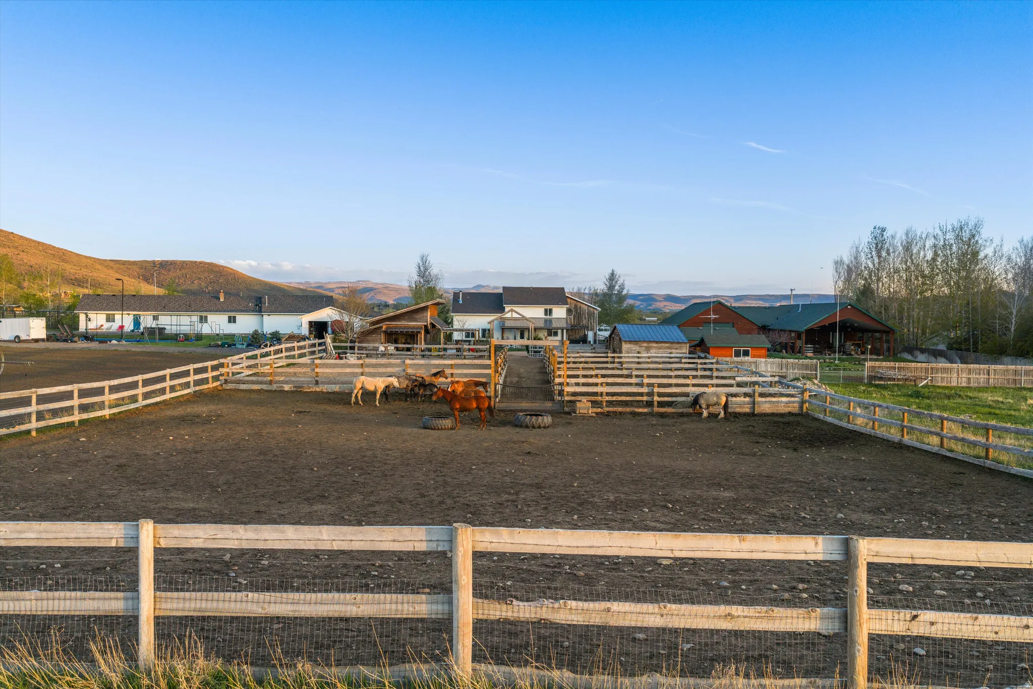 Expansive fenced pasture and corrals featuring multiple wood-fenced enclosures