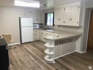 Kitchen featuring wood-finish flooring, white cabinetry, a built-in breakfast bar with open shelving, and a double basin sink